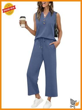 Two Piece Lounge Set V Neck Tank Top Wide Leg Pants Casual Travel Outfit